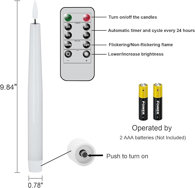 GenSwin Flameless Taper Candles, LED Taper Candles Battery Operated with Remote Timer, Set of 2 Real Wax White Flameless Candlesticks with 3D Flame for Home Weddin Party Holiday Decor (0.78” x 9.84”)