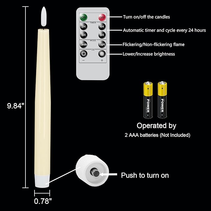 GenSwin LED Taper Candles, Flameless Taper Candles Battery Operated with Remote Timer, Set of 2 Real Wax White Flameless Candlesticks with 3D Flickering Flame for Home Wedding Decor (0.78” x 9.84”)