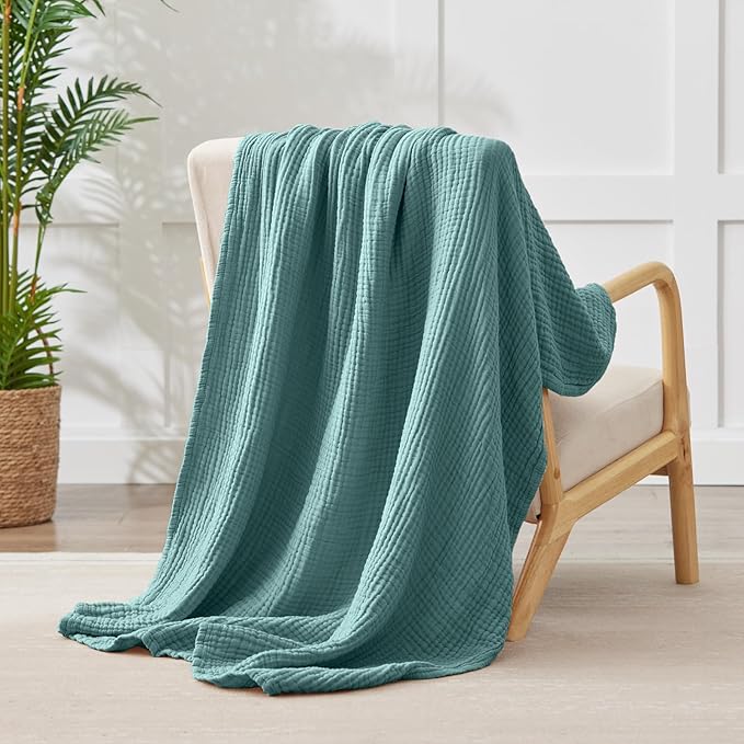100% Cotton Muslin Blanket 50" x 60", Breathable and Lightweight Cotton Throw Blankets for Couch, Soft Cooling Summer Gauze Blanket for Adults All Season, Teal Blue