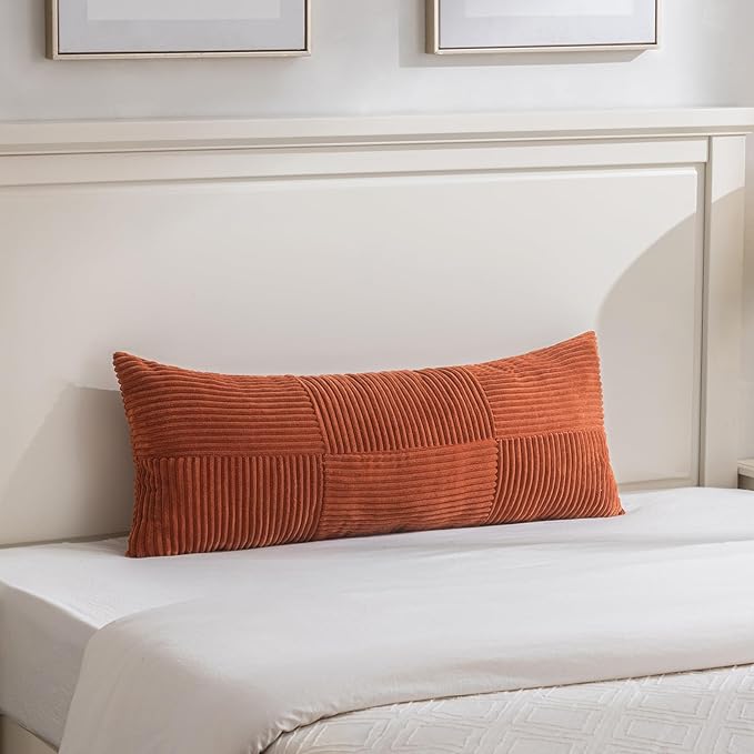 Fancy Homi Set of 2 Burnt Orange Boho Long Lumbar Body Decorative Throw Pillow Cover 14x36 Inch for Bed Couch Bedroom Bench, Soft Patchwork Corduroy Textured Pillow Case, Rustic Farmhouse Room Décor