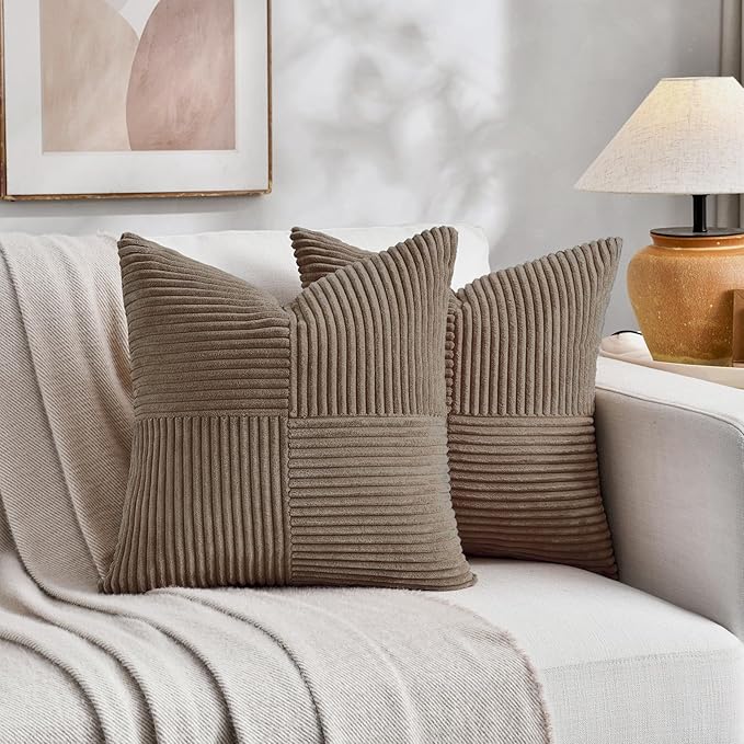Fancy Homi Set of 2, Light Brown Patchwork Corduroy Decorative Soft Striped Modern Accent Cushion Case Farmhouse Boho Neutral Throw Pillow Covers for Chair Couch Bed Sofa Living Room 14x14 Inch