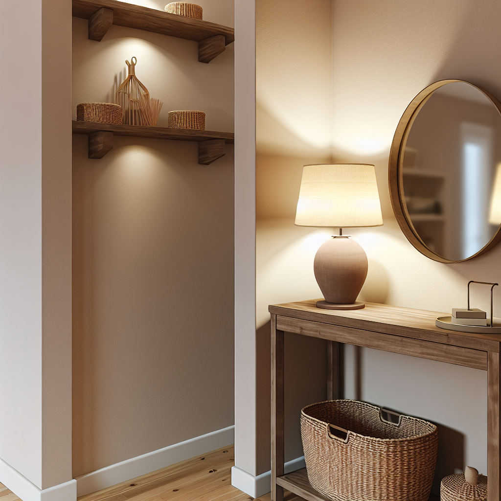 Narrow console table with wall-mounted shelves styling a small, neutral entryway with warm lighting and woven baskets