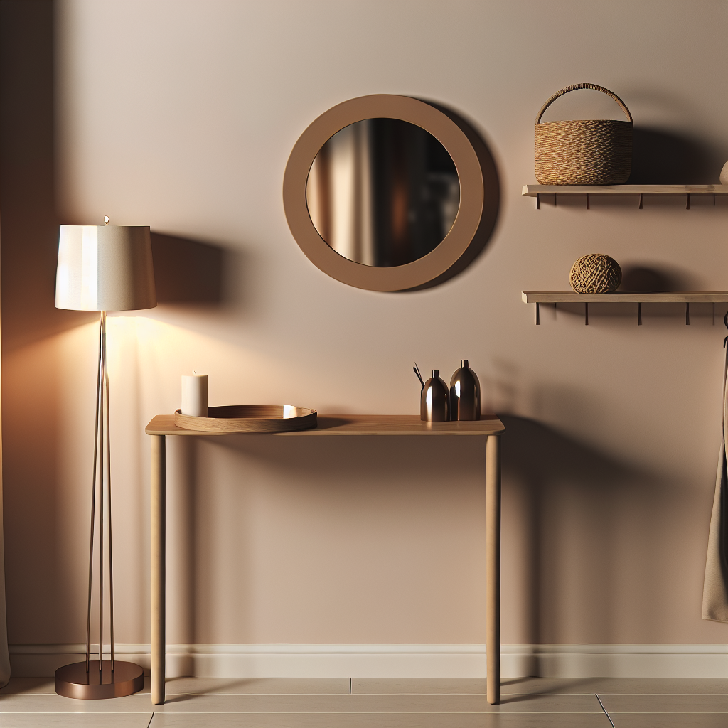 Narrow console table with wall-mounted shelves in a calm, warmly lit entryway