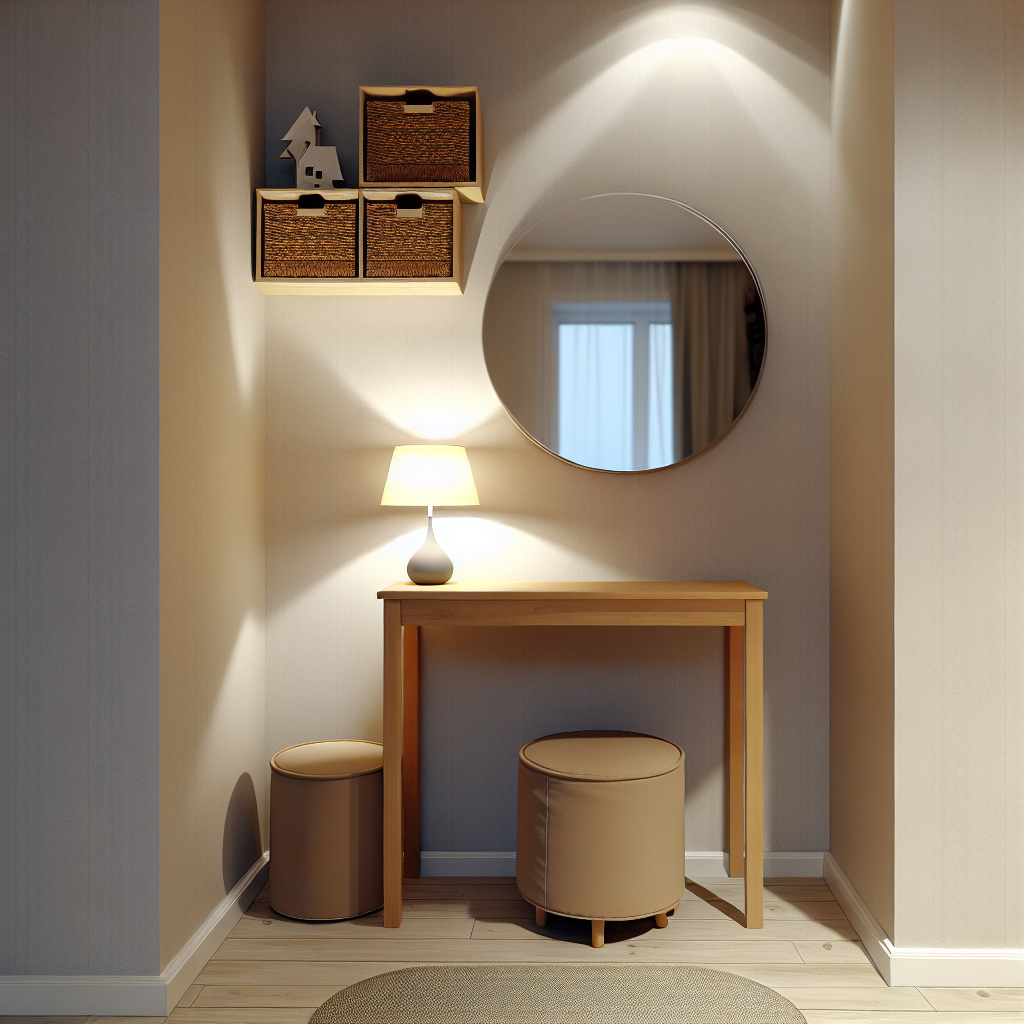 Small entryway styled with a narrow console table, wall-mounted shelves, warm lamp lighting, and a compact accent stool for a tidy, welcoming look.