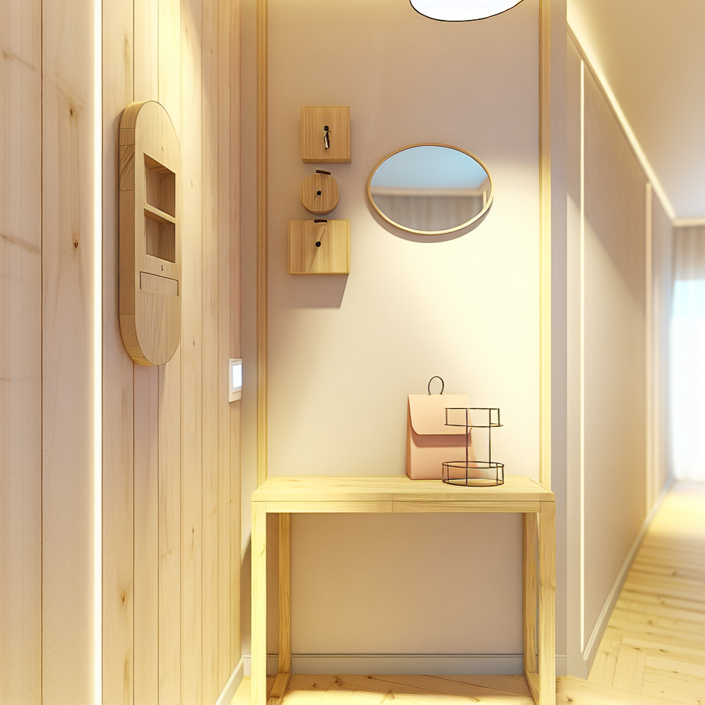 Narrow entryway styled with a slim console table, wall-mounted shelves, warm lamp lighting, and organized decorative accents.