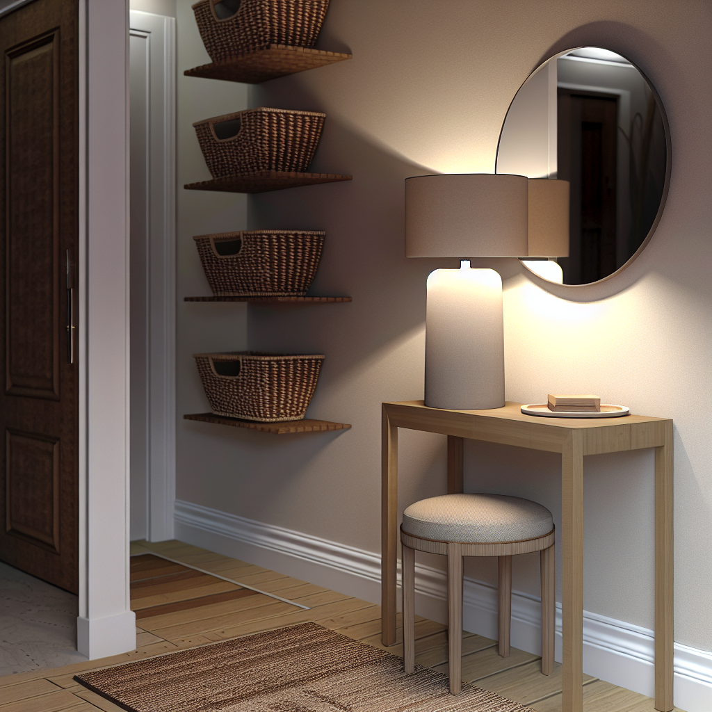 Narrow entryway with slim console table, wall-mounted shelves, accent stool, warm lighting, and soft runner rug creating a calm organized space.