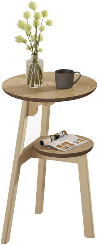 ChooChoo Round End Table for Small Spaces, Narrow Side Table, Accent Table Night Stand with 2 Tier Shelf for Bedroom and Living Room, Natural