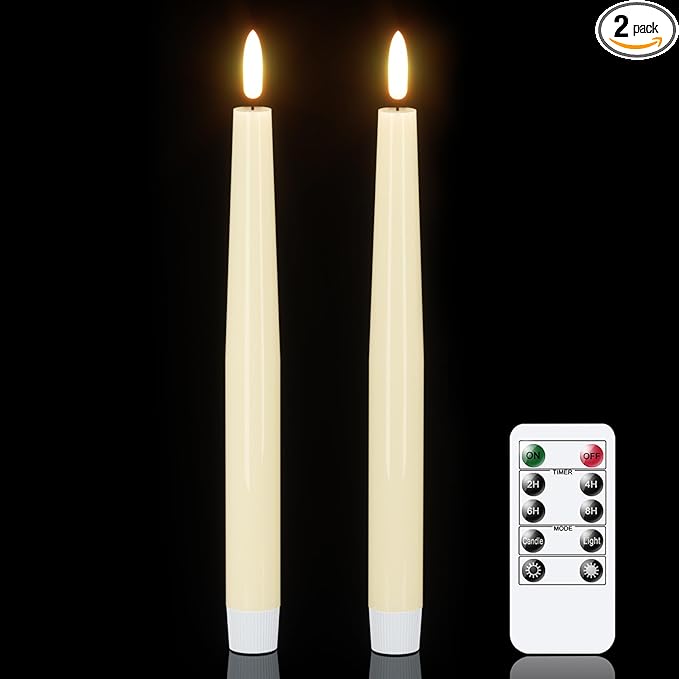 GenSwin LED Taper Candles, Flameless Taper Candles Battery Operated with Remote Timer, Set of 2 Real Wax White Flameless Candlesticks with 3D Flickering Flame for Home Wedding Decor (0.78” x 9.84”)