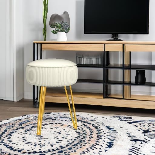 LUE BONA Pleated Vanity Stool, Velvet Upholstered Vanity Stool for Makeup Room, Round Stool for Vanity, Ottoman Footrest Stool with Metal Legs for Living Room, Bedroom, White