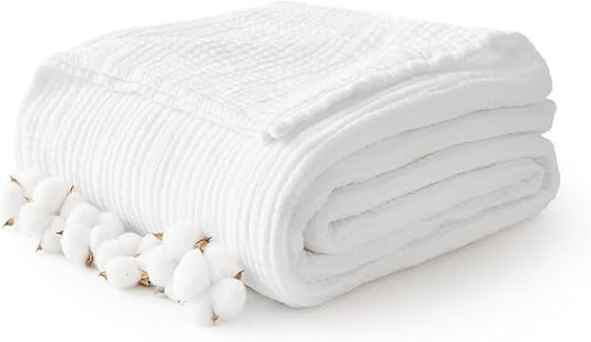 100% Cotton Muslin Blanket 50" x 60", Breathable and Lightweight Cotton Throw Blankets for Couch, Soft Cooling Summer Gauze Blanket for Adults All Season, White