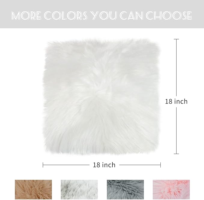 OKAYDA 18" x 18" Square Faux Sheepskin Chair Cover Seat Cushion Pad Super Fluffy Soft Fur Rug for Vanity Chair, Car Seat, Sofa, Living Room, Office (White)