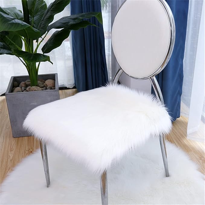 OKAYDA 18" x 18" Square Faux Sheepskin Chair Cover Seat Cushion Pad Super Fluffy Soft Fur Rug for Vanity Chair, Car Seat, Sofa, Living Room, Office (White)