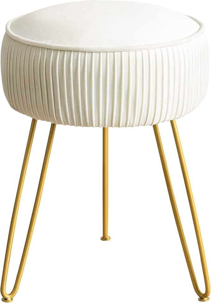 LUE BONA Pleated Vanity Stool, Velvet Upholstered Vanity Stool for Makeup Room, Round Stool for Vanity, Ottoman Footrest Stool with Metal Legs for Living Room, Bedroom, White