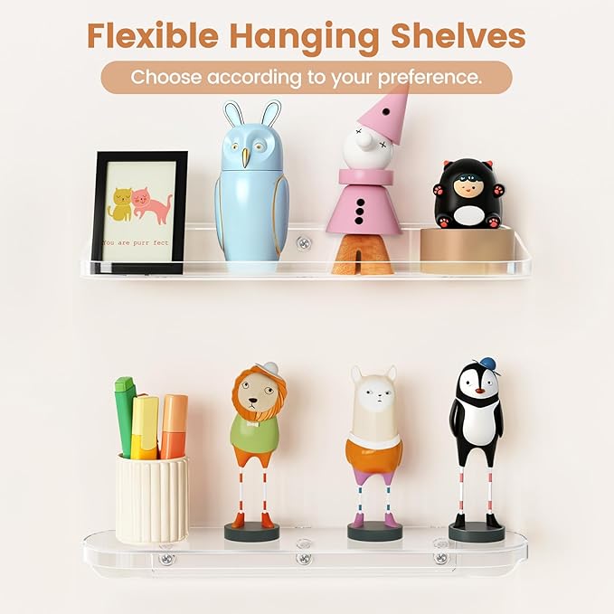 SpaceWhisper Floating Shelves for Wall, 6-Pack 15" Wall Shelves for Bathroom, Bedroom, Kitchen, Living Room, Display Hanging Shelf Organizer for Book, Picture Ledge, Figure Storage, Room Decor (Clear)