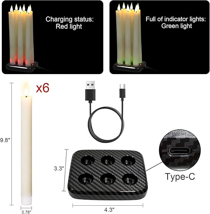 GenSwin Rechargeable Flameless Taper Candles with Charging Base, 6 Pack LED Candles Battery Operated with Remote Timer, Real Wax Flameless Candlesticks for Halloween Christmas Decorations(Ivory)
