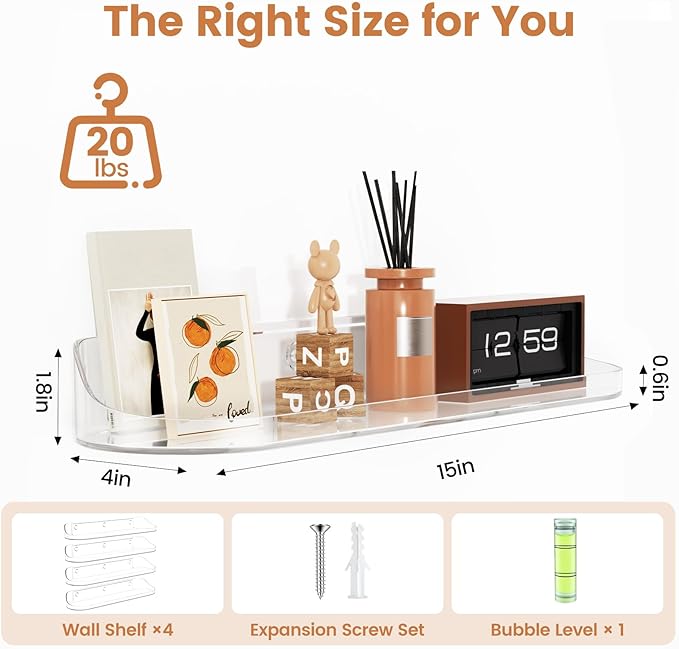 SpaceWhisper Floating Shelves for Wall, 4-Pack 15" Wall Shelves for Bathroom, Bedroom, Kitchen, Living Room, Display Hanging Shelf Organizer for Book, Picture Ledge, Figure Storage, Room Decor (Clear)