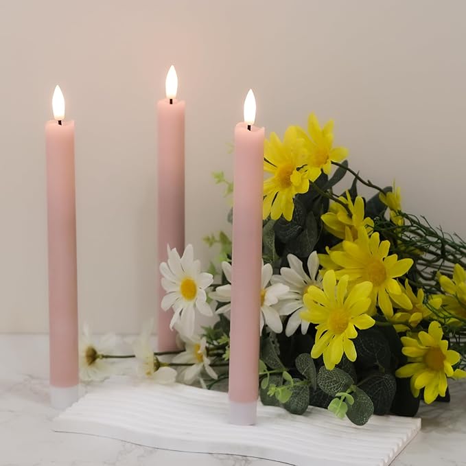 GenSwin Flameless Pink Taper Candles Flickering with 10-Key Remote, Battery Operated Led Warm 3D Wick Light Window Candles Real Wax Pack of 6, Christmas Home Wedding Decor(0.78 X 9.64 Inch)