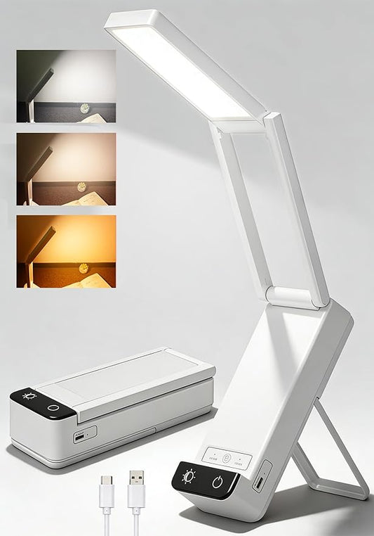 EZVALO Rechargeable Desk Lamp,6000mAh Battery Wireless Light,Cordless Table Lamp for Book Reading,Foldable Mini Lamps&Portable,3 Color Dimmable Small Light for Bed,Nail Light,Craft(White)