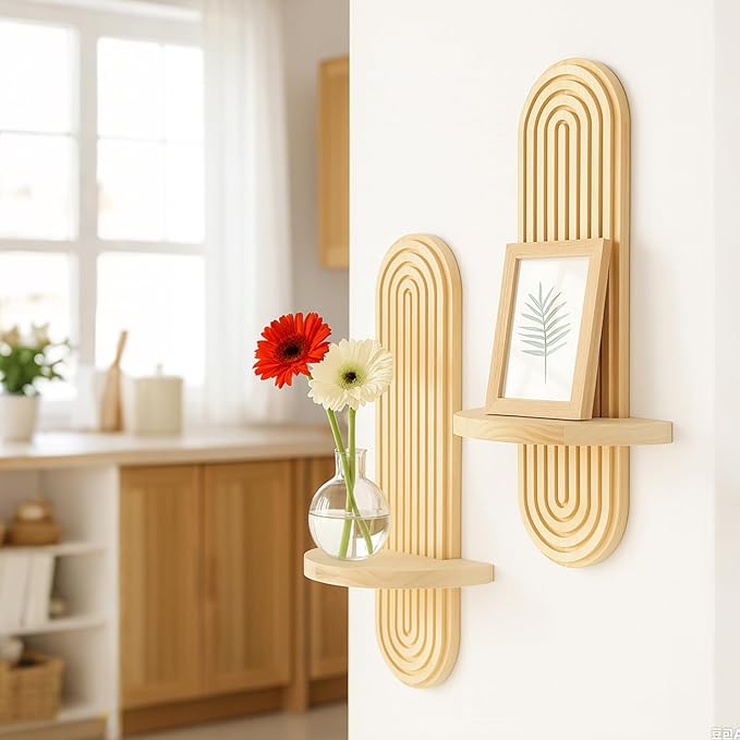 2 Pack Boho Shelf Wall Decor - Handmade Solid Wood Floating Shelves Rainbow Arch Trinket Storage Rack Wall Decor for Bedroom Living Room Nursery Bathroom