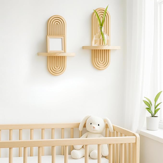 2 Pack Boho Shelf Wall Decor - Handmade Solid Wood Floating Shelves Rainbow Arch Trinket Storage Rack Wall Decor for Bedroom Living Room Nursery Bathroom