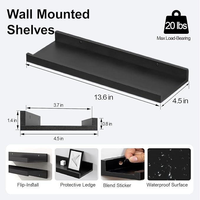 Black Floating Shelves for Wall Decor, Wall Mounted Wood Storage Shelf for Bedroom, Living Room, Bathroom, Kitchen, Nursery, Display Picture Ledge Shelf with Lip Set of 2-14 Inches, Black