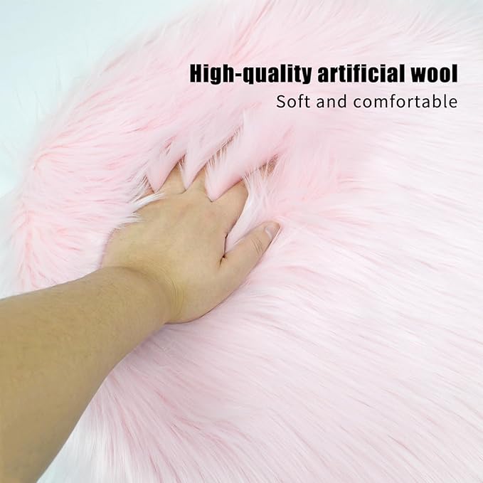 OKAYDA 18" x 18" Round Faux Sheepskin Chair Cover Seat Cushion Pad Super Fluffy Soft Fur Rug for Vanity Chair, Car Seat, Sofa, Living Room, Office (Pink)