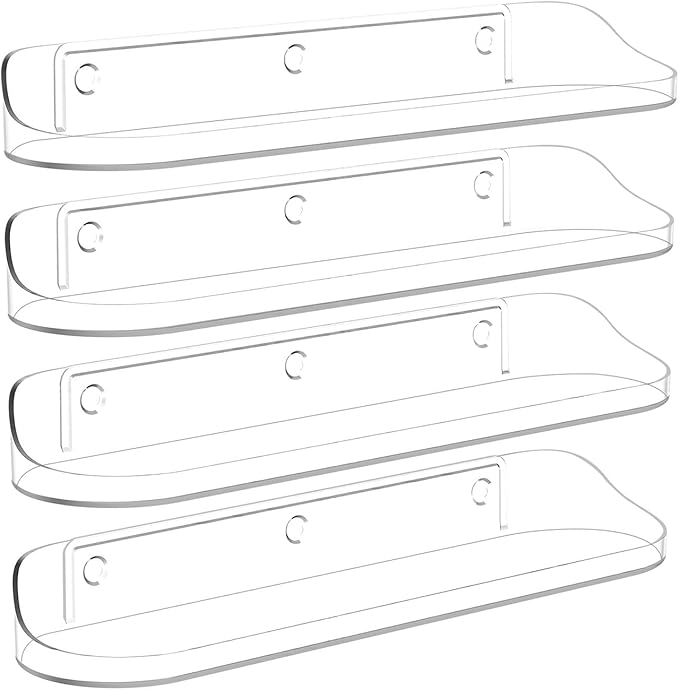 SpaceWhisper Floating Shelves for Wall, 4-Pack 15" Wall Shelves for Bathroom, Bedroom, Kitchen, Living Room, Display Hanging Shelf Organizer for Book, Picture Ledge, Figure Storage, Room Decor (Clear)