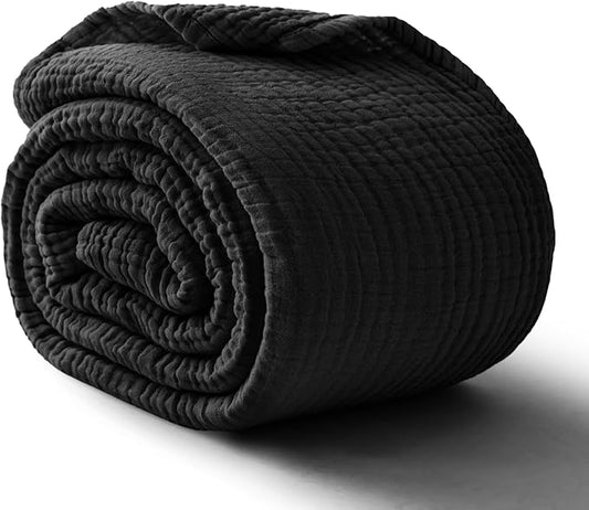 100% Cotton Muslin Blanket Large 50"x 70", 6 Layers Breathable and Lightweight Cotton Throw Blankets for Couch, Soft Cooling Summer Gauze Blanket for Adults All Season, Black
