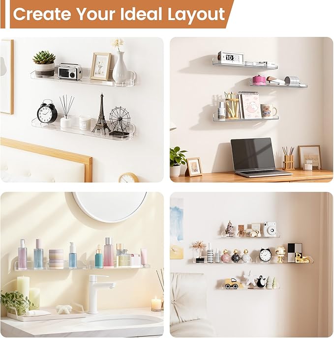 SpaceWhisper Floating Shelves for Wall, 4-Pack 15" Wall Shelves for Bathroom, Bedroom, Kitchen, Living Room, Display Hanging Shelf Organizer for Book, Picture Ledge, Figure Storage, Room Decor (Clear)