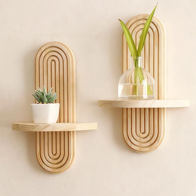 2 Pack Boho Shelf Wall Decor - Handmade Solid Wood Floating Shelves Rainbow Arch Trinket Storage Rack Wall Decor for Bedroom Living Room Nursery Bathroom