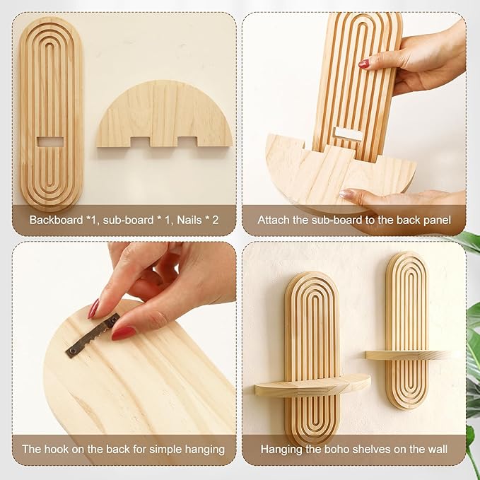 2 Pack Boho Shelf Wall Decor - Handmade Solid Wood Floating Shelves Rainbow Arch Trinket Storage Rack Wall Decor for Bedroom Living Room Nursery Bathroom