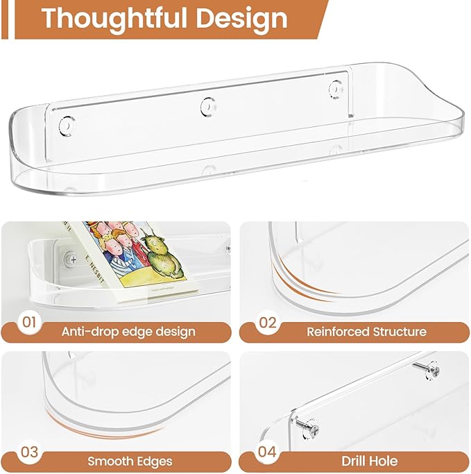 SpaceWhisper Floating Shelves for Wall, 4-Pack 15" Wall Shelves for Bathroom, Bedroom, Kitchen, Living Room, Display Hanging Shelf Organizer for Book, Picture Ledge, Figure Storage, Room Decor (Clear)