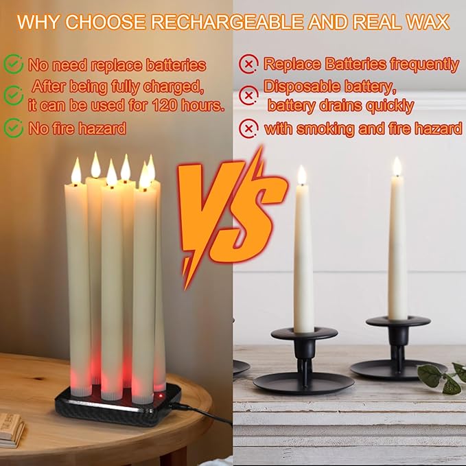 GenSwin Rechargeable Flameless Taper Candles with Charging Base, 6 Pack LED Candles Battery Operated with Remote Timer, Real Wax Flameless Candlesticks for Halloween Christmas Decorations(Ivory)