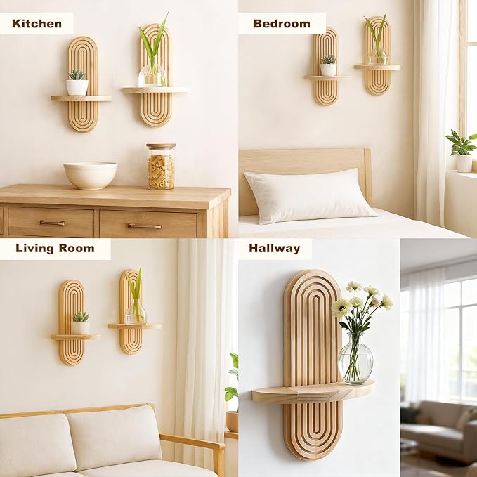 2 Pack Boho Shelf Wall Decor - Handmade Solid Wood Floating Shelves Rainbow Arch Trinket Storage Rack Wall Decor for Bedroom Living Room Nursery Bathroom