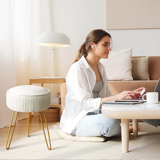 LUE BONA Pleated Vanity Stool, Velvet Upholstered Vanity Stool for Makeup Room, Round Stool for Vanity, Ottoman Footrest Stool with Metal Legs for Living Room, Bedroom, White