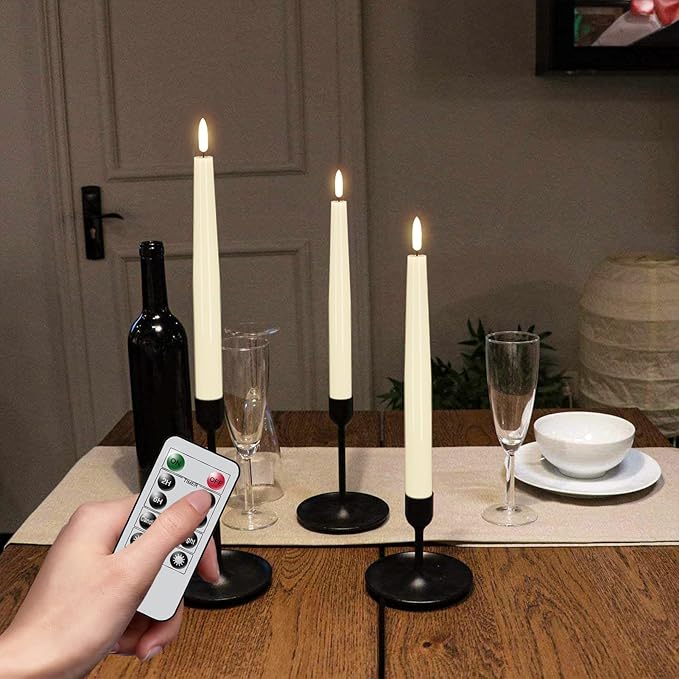 GenSwin LED Taper Candles, Flameless Taper Candles Battery Operated with Remote Timer, Set of 2 Real Wax White Flameless Candlesticks with 3D Flickering Flame for Home Wedding Decor (0.78” x 9.84”)