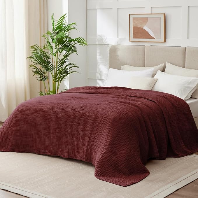 100% Cotton Muslin Blanket Large 50"x 70", 6 Layers Breathable and Lightweight Cotton Throw Blankets for Couch, Soft Cooling Summer Gauze Blanket for Adults All Season, Burgundy