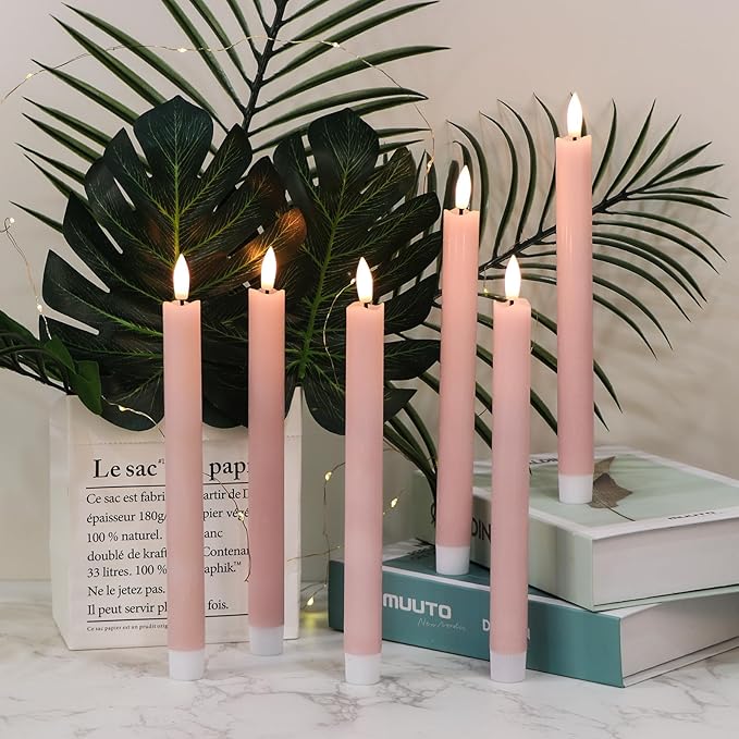GenSwin Flameless Pink Taper Candles Flickering with 10-Key Remote, Battery Operated Led Warm 3D Wick Light Window Candles Real Wax Pack of 6, Christmas Home Wedding Decor(0.78 X 9.64 Inch)