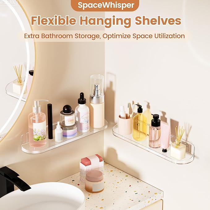 SpaceWhisper Floating Shelves for Wall, 4-Pack 15" Wall Shelves for Bathroom, Bedroom, Kitchen, Living Room, Display Hanging Shelf Organizer for Book, Picture Ledge, Figure Storage, Room Decor (Clear)