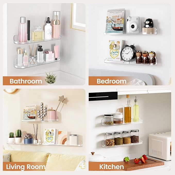 SpaceWhisper Floating Shelves for Wall, 6-Pack 15" Wall Shelves for Bathroom, Bedroom, Kitchen, Living Room, Display Hanging Shelf Organizer for Book, Picture Ledge, Figure Storage, Room Decor (Clear)