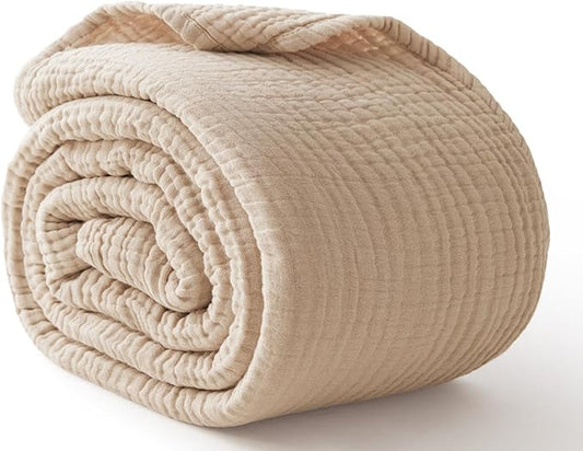 100% Cotton Muslin Blanket 50" x 60", Breathable and Lightweight Cotton Throw Blankets for Couch, Soft Cooling Summer Gauze Blanket for Adults All Season, Beige