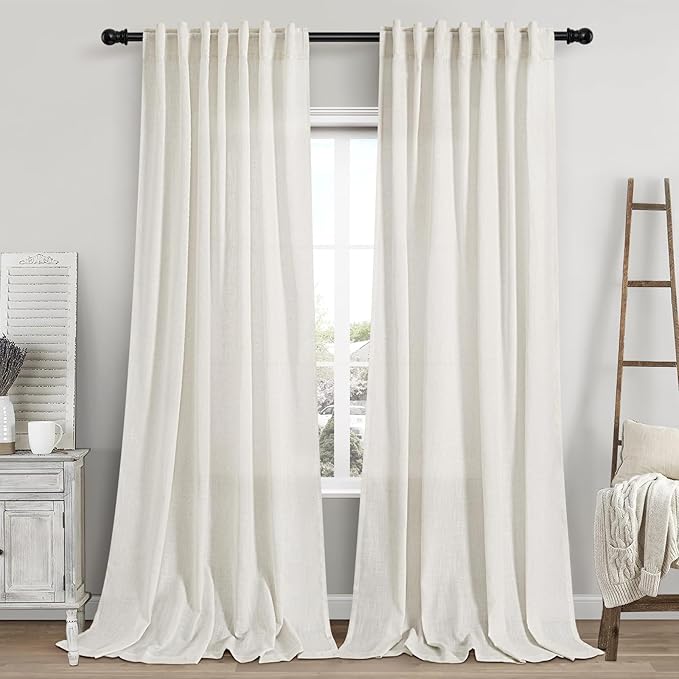 Linen Cream Curtains 113 Inch Extra Long for Living Room Back Tab Light Filtering Semi Sheer Drapes Modern Farmhouse Coastal Decor Cotton Textured Curtain for Floor to Ceiling Window 52x113