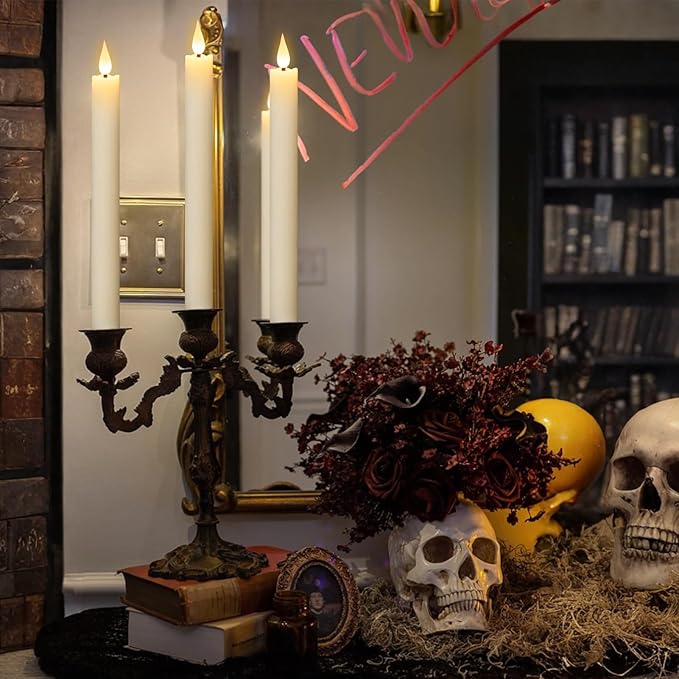 GenSwin Rechargeable Flameless Taper Candles with Charging Base, 6 Pack LED Candles Battery Operated with Remote Timer, Real Wax Flameless Candlesticks for Halloween Christmas Decorations(Ivory)