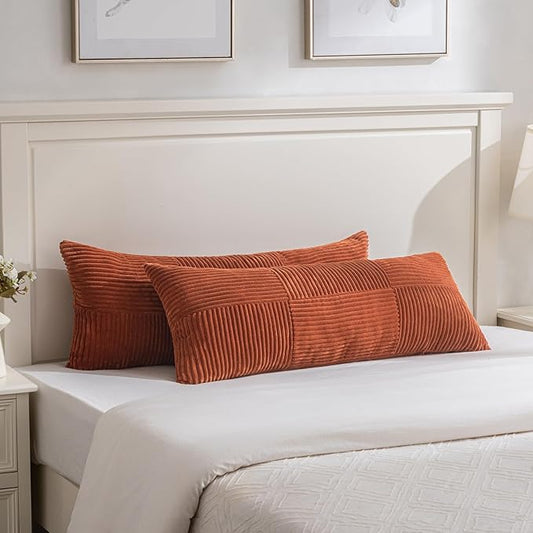 Fancy Homi Set of 2 Burnt Orange Boho Long Lumbar Body Decorative Throw Pillow Cover 14x36 Inch for Bed Couch Bedroom Bench, Soft Patchwork Corduroy Textured Pillow Case, Rustic Farmhouse Room Décor