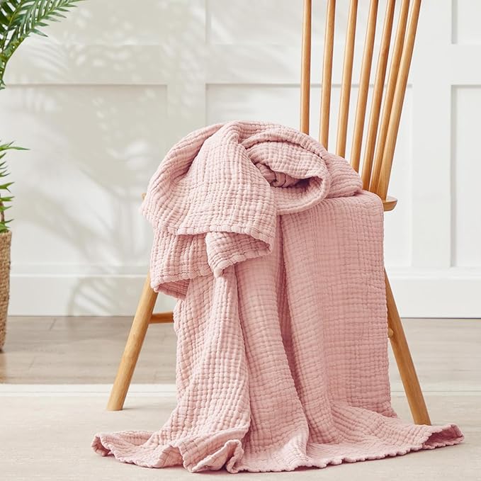 100% Cotton Muslin Blanket 50"x 60", 6 Layers Breathable and Lightweight Cotton Throw Blankets for Couch, Soft Cooling Summer Gauze Blanket for Adults All Season, Dusty Rose‌
