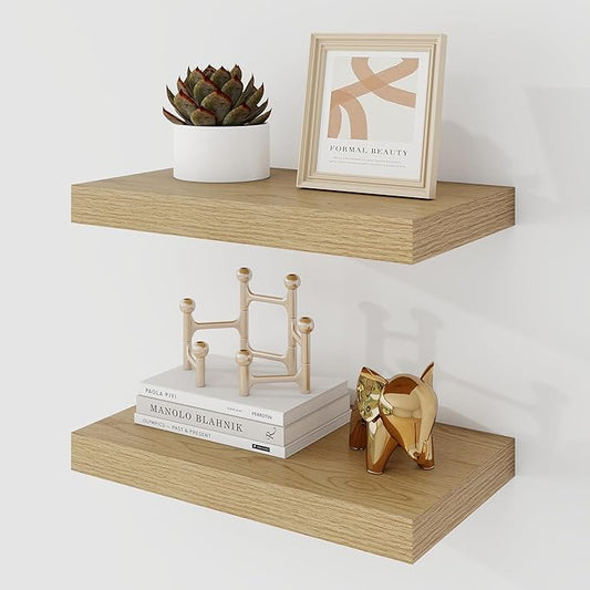 16 Inch Floating Shelves, 9.3" Deep Floating Shelf Wall Mounted, 16" Wall Shelves, Rustic Deep Bookshelf, Large Display Shelves & Storage Shelves for Bedroom, Living Room, Oak, Set of 2