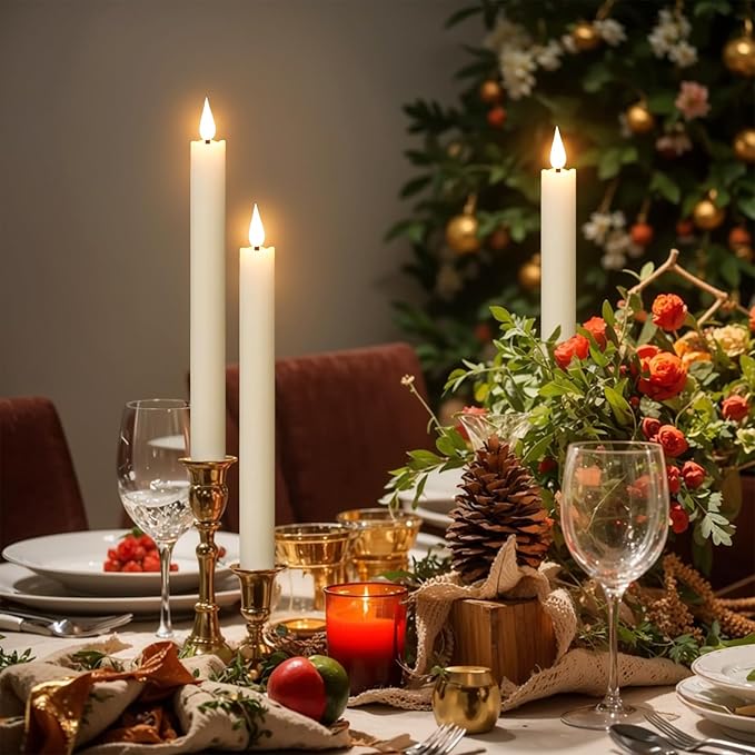 GenSwin Rechargeable Flameless Taper Candles with Charging Base, 6 Pack LED Candles Battery Operated with Remote Timer, Real Wax Flameless Candlesticks for Halloween Christmas Decorations(Ivory)