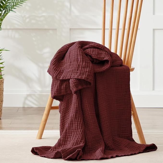 100% Cotton Muslin Blanket Large 50"x 70", 6 Layers Breathable and Lightweight Cotton Throw Blankets for Couch, Soft Cooling Summer Gauze Blanket for Adults All Season, Burgundy