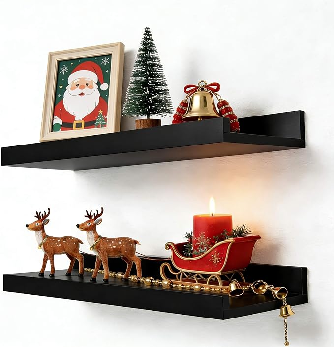 Black Floating Shelves for Wall Decor, Wall Mounted Wood Storage Shelf for Bedroom, Living Room, Bathroom, Kitchen, Nursery, Display Picture Ledge Shelf with Lip Set of 2-14 Inches, Black