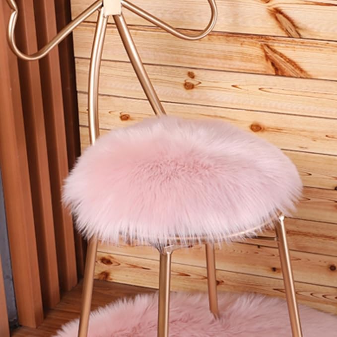OKAYDA 18" x 18" Round Faux Sheepskin Chair Cover Seat Cushion Pad Super Fluffy Soft Fur Rug for Vanity Chair, Car Seat, Sofa, Living Room, Office (Pink)